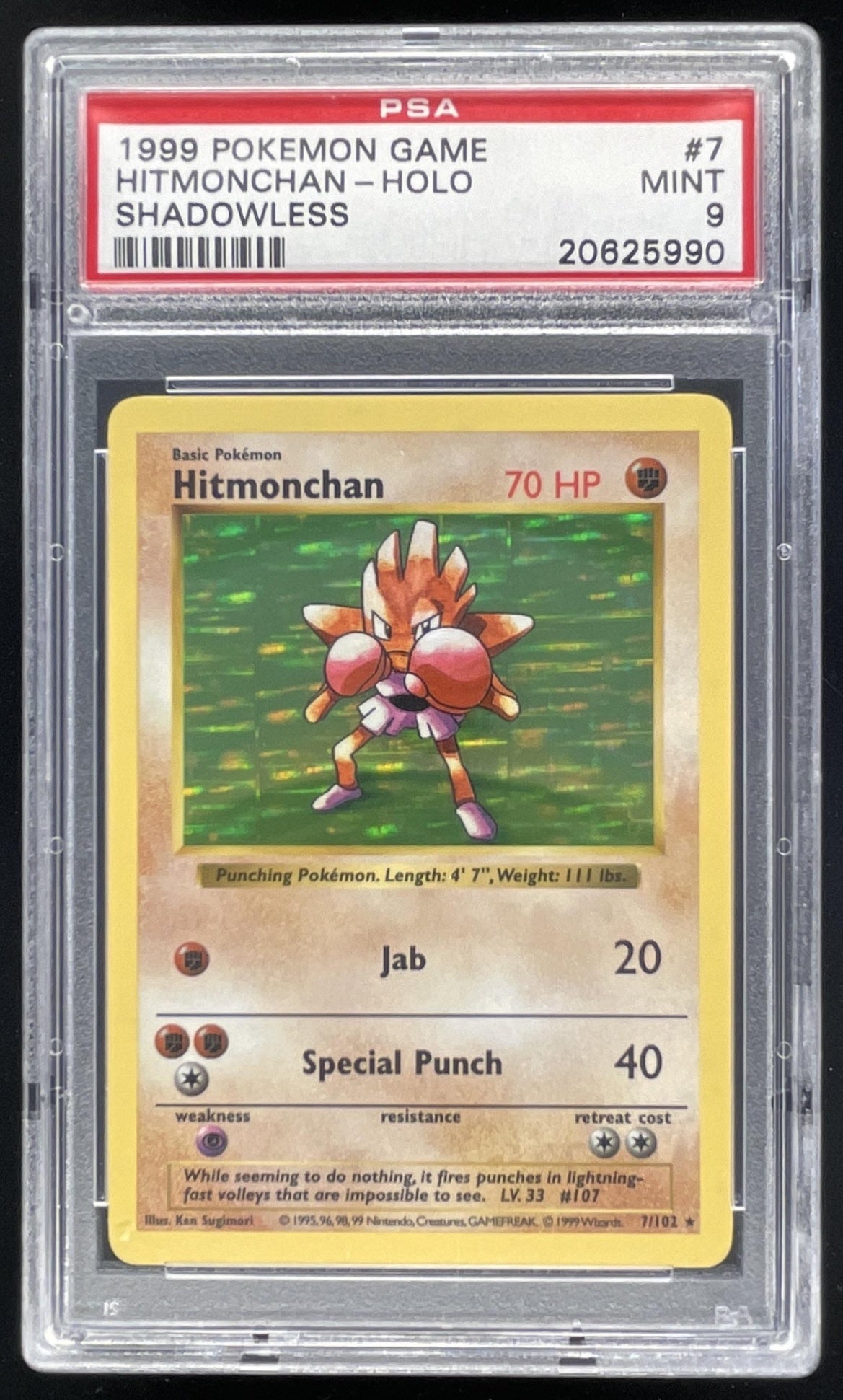 1999 Pokemon Shadowless Set #7/102 Hitmonchan Holo PSA 9 – Burbank