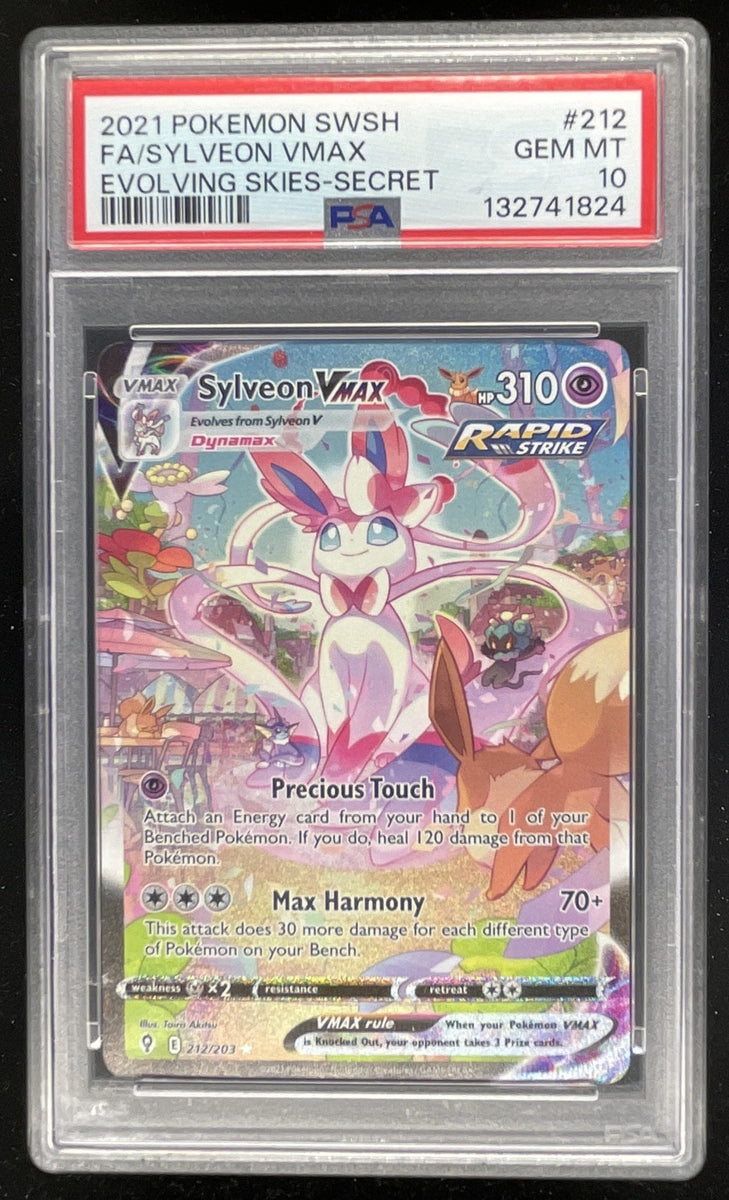 secret rare pokemon cards evolving skies Sylveon VMAX 2021 Pokemon Evolving Skies Secret Rare #212 PSA Authenticated 10 Card