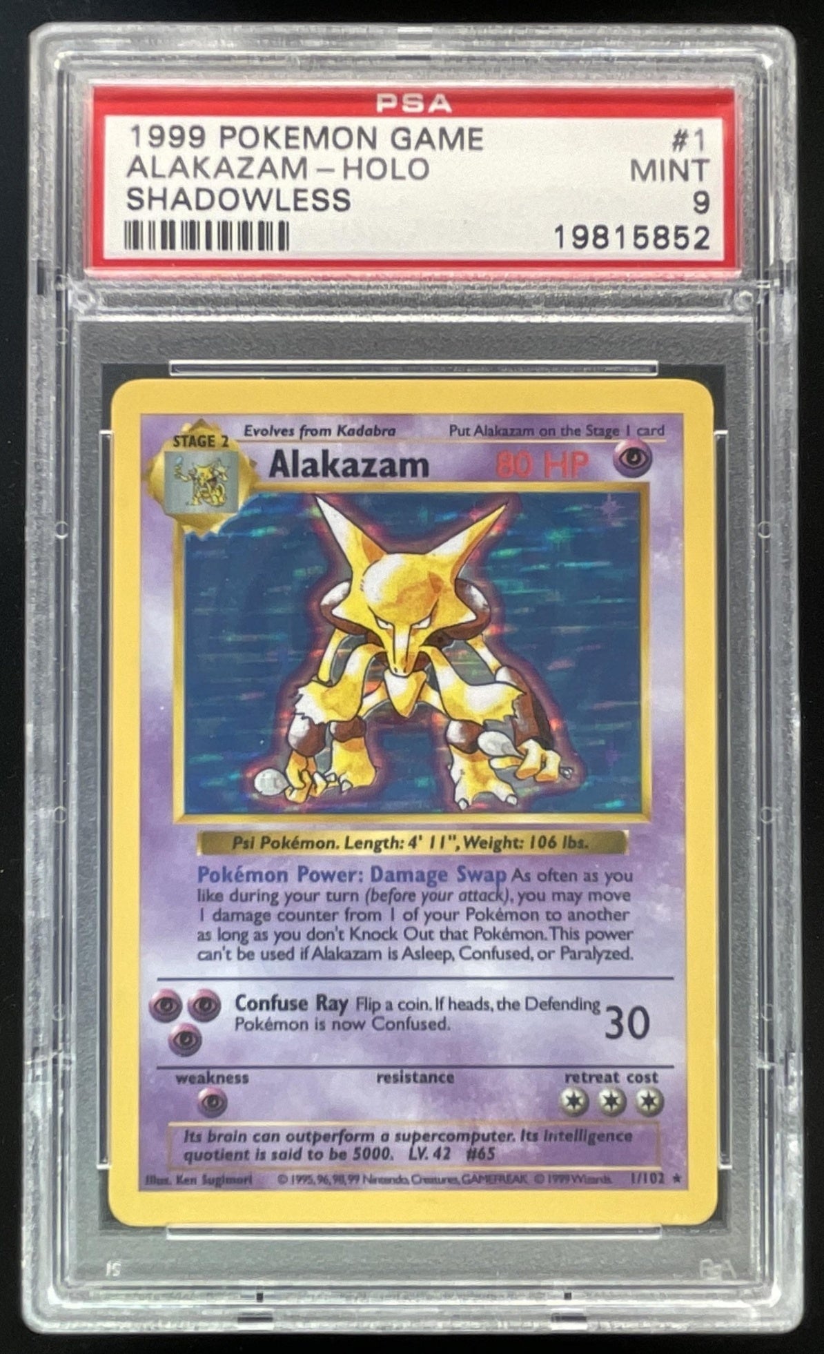 1999 Pokemon Shadowless Set #1/102 Alakazam Holo PSA 9 – Burbank Cards