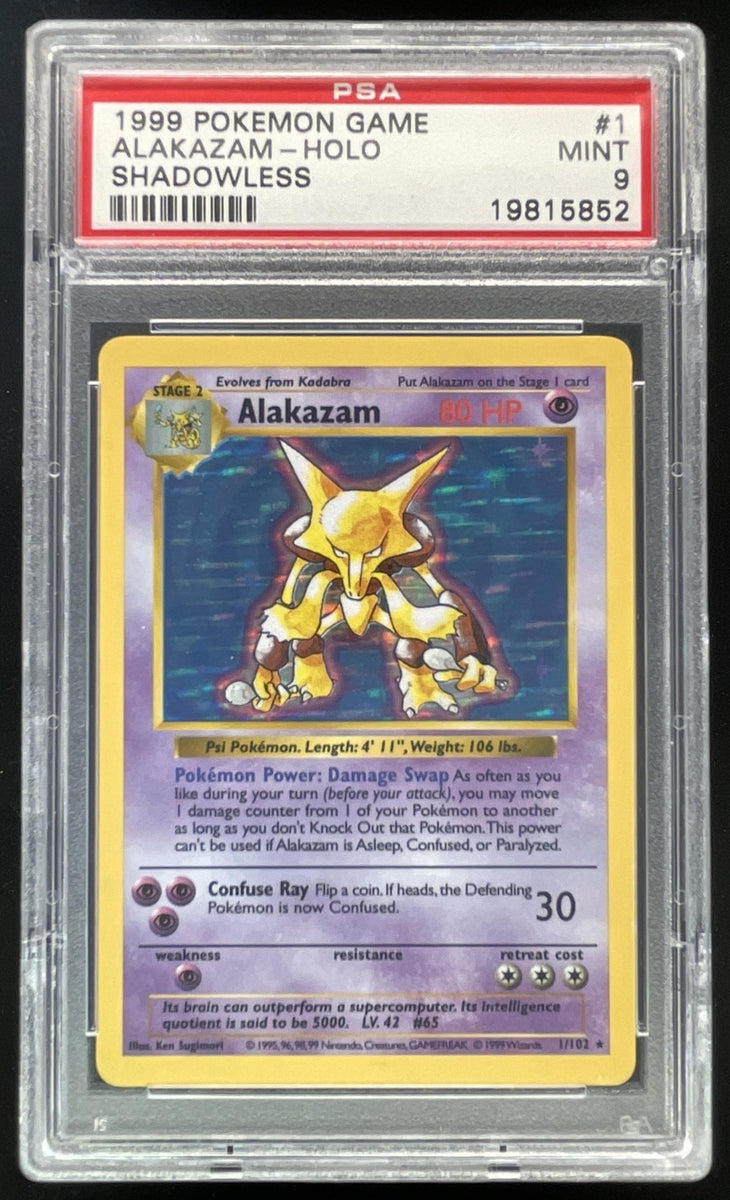 what is a shadowless pokemon card 1999 Pokemon Shadowless Set #1/102 Alakazam Holo PSA 9 – Burbank Cards