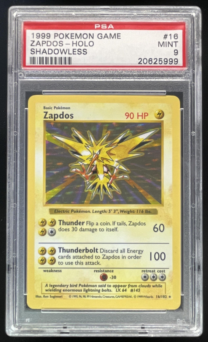 zapdos pokemon card 1995 1999 Pokemon Shadowless Set #16/102 Zapdos Holo PSA 9 – Burbank Cards