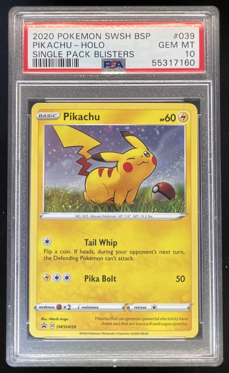 2020 Pokemon SWSH BSP Single Pack Blisters #039 Pikachu Holo PSA 10 – Burbank Cards
