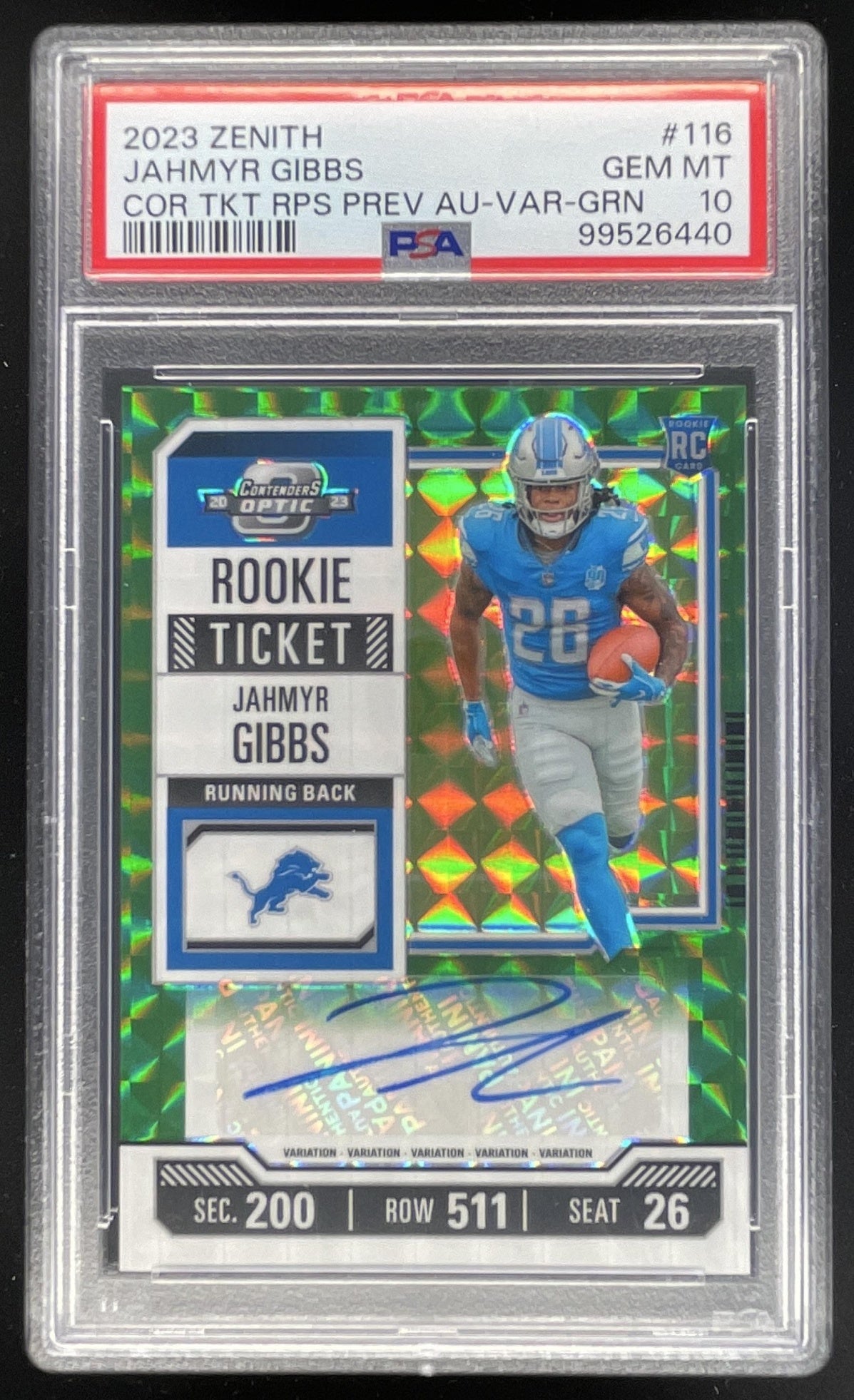 2023 Zenith Contenders Optic Variation Green Jahmyr Gibbs RC Auto