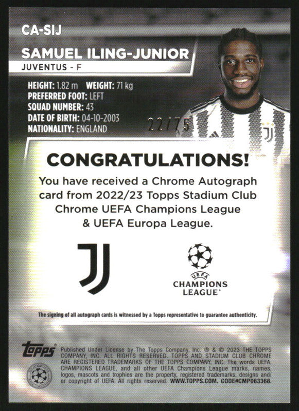 2022 Stadium Club Chrome Autograph Blue Wave Samuel Iling