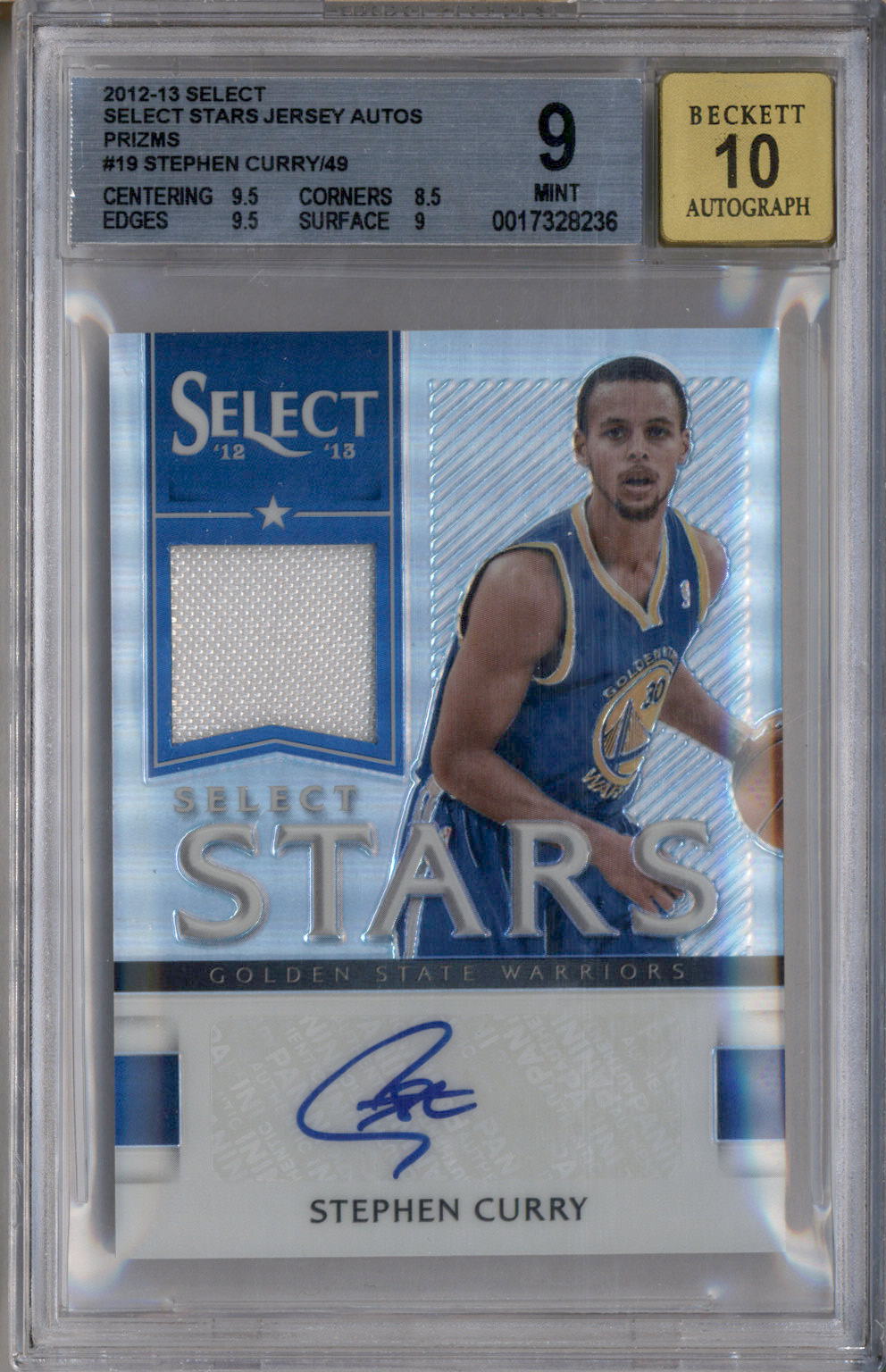 2012 Select Select Stars Jersey Autograph Prizm Stephen Curry Auto /49 BGS 9