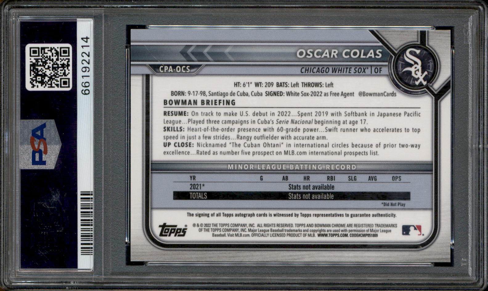 2022 Oscar Colas -- Bowman Chrome - It Came to the League - Mega Box 2024 Auto 81/99