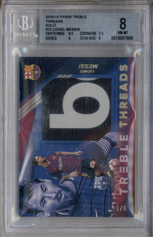 2018 Panini Treble Threads Gold #13 Lionel Messi /5 BGS 8 – Burbank Cards