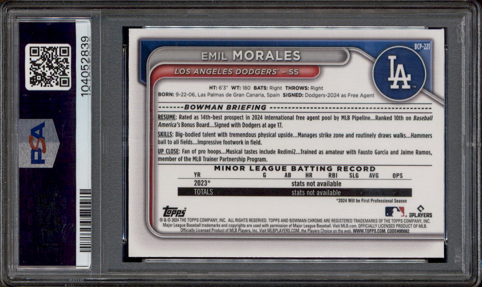 2024 Bowman Chrome Rookie Autograph Speckle Emil Morales RC Auto 