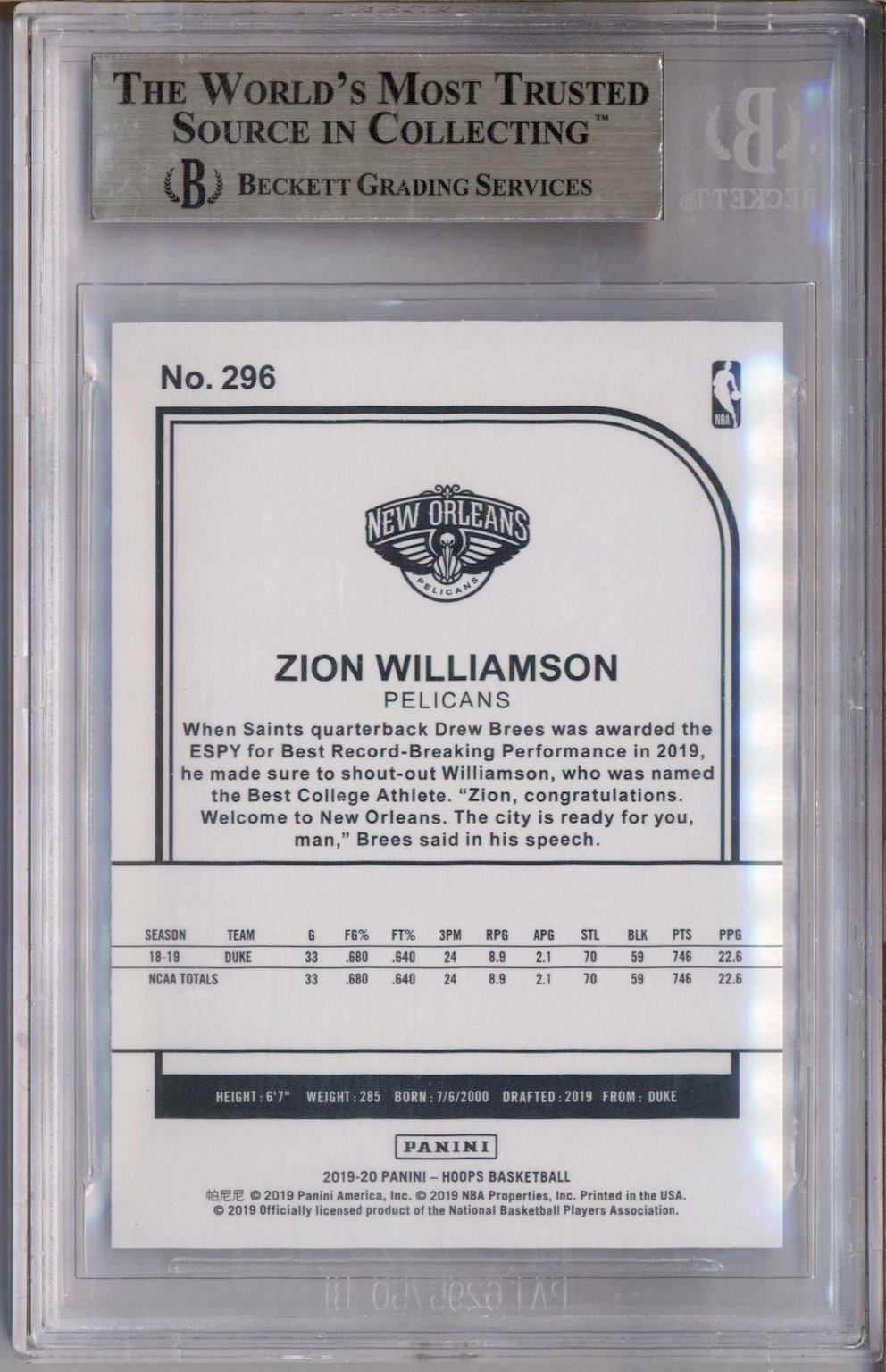 2019-20 Hoops #296 Zion Williamson RC Rookie BGS 10