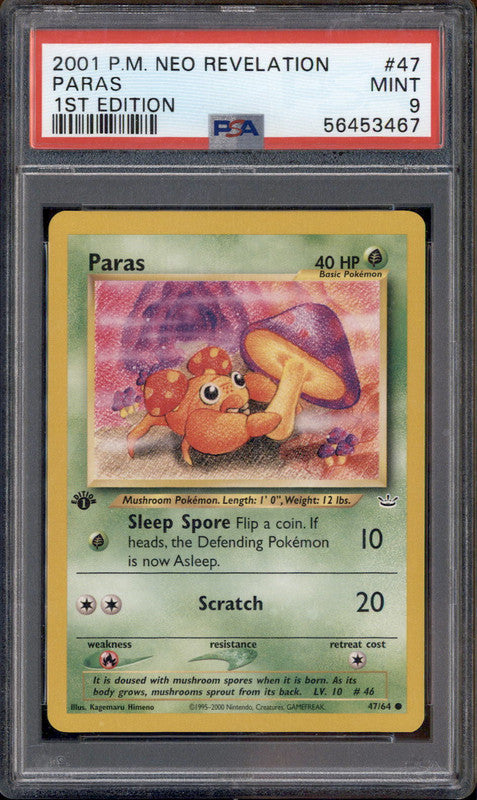 2001 Pokemon Neo Revelation 1st Edition #47 Paras PSA 9