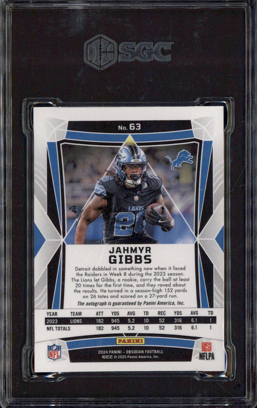 2024 Panini Obsidian Autograph #63 Jahmyr Gibbs Auto SGC 9.5