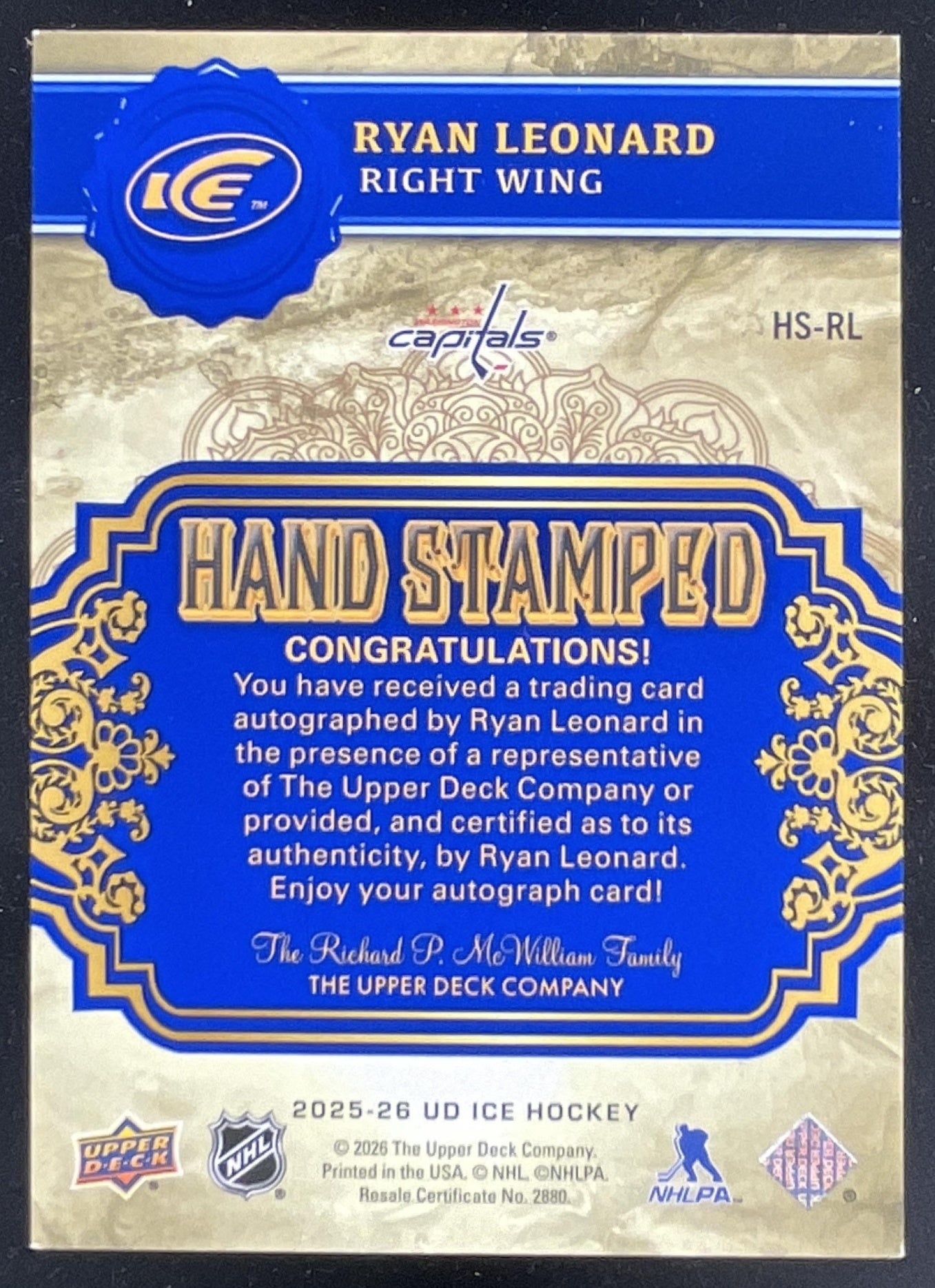 2025-26 Upper Deck Ice Hand Stamped Auto #HS-RL Ryan Leonard