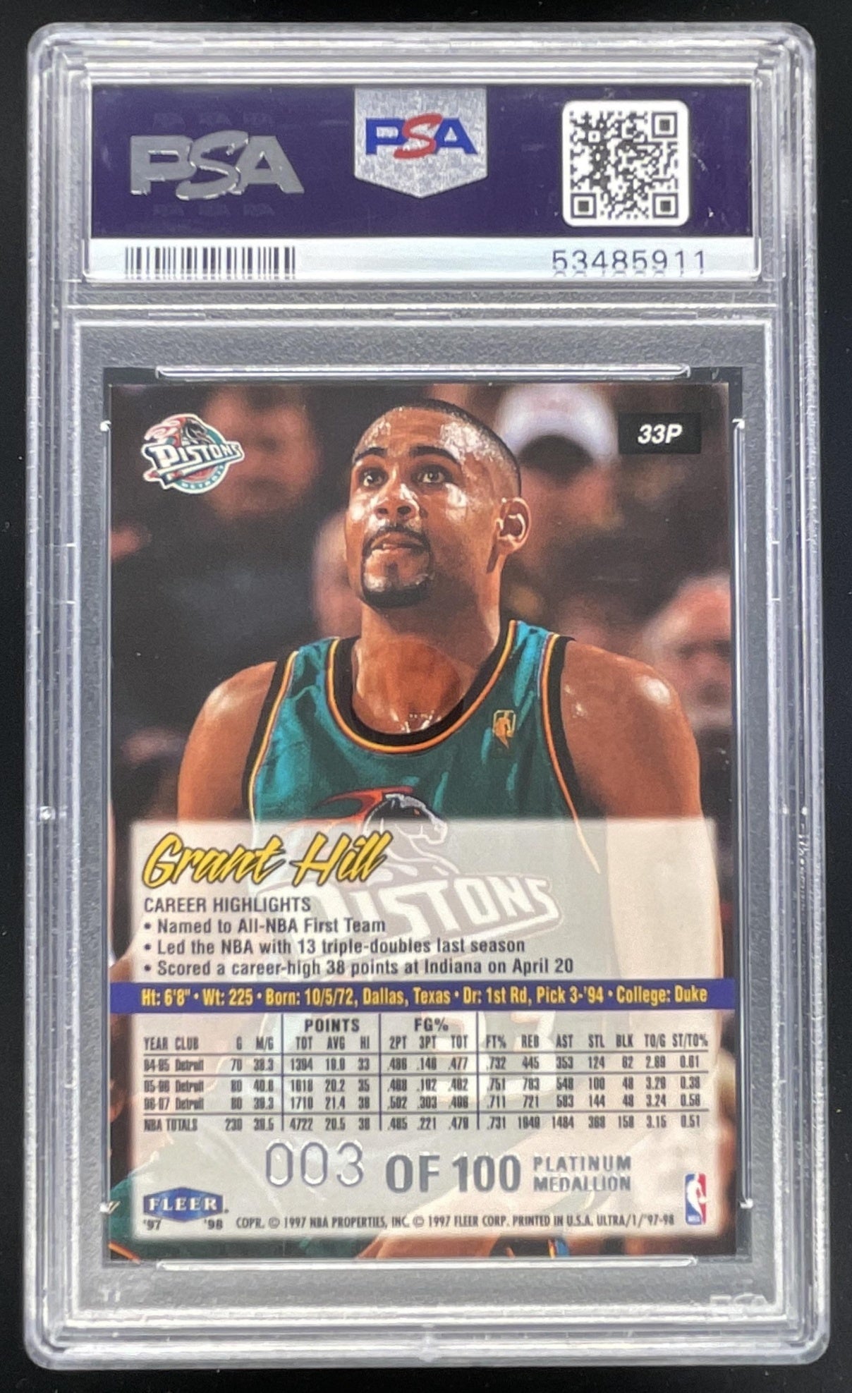 1997-98 Fleer Ultra Platinum Medallion #33P Grant Hill /100 PSA 9