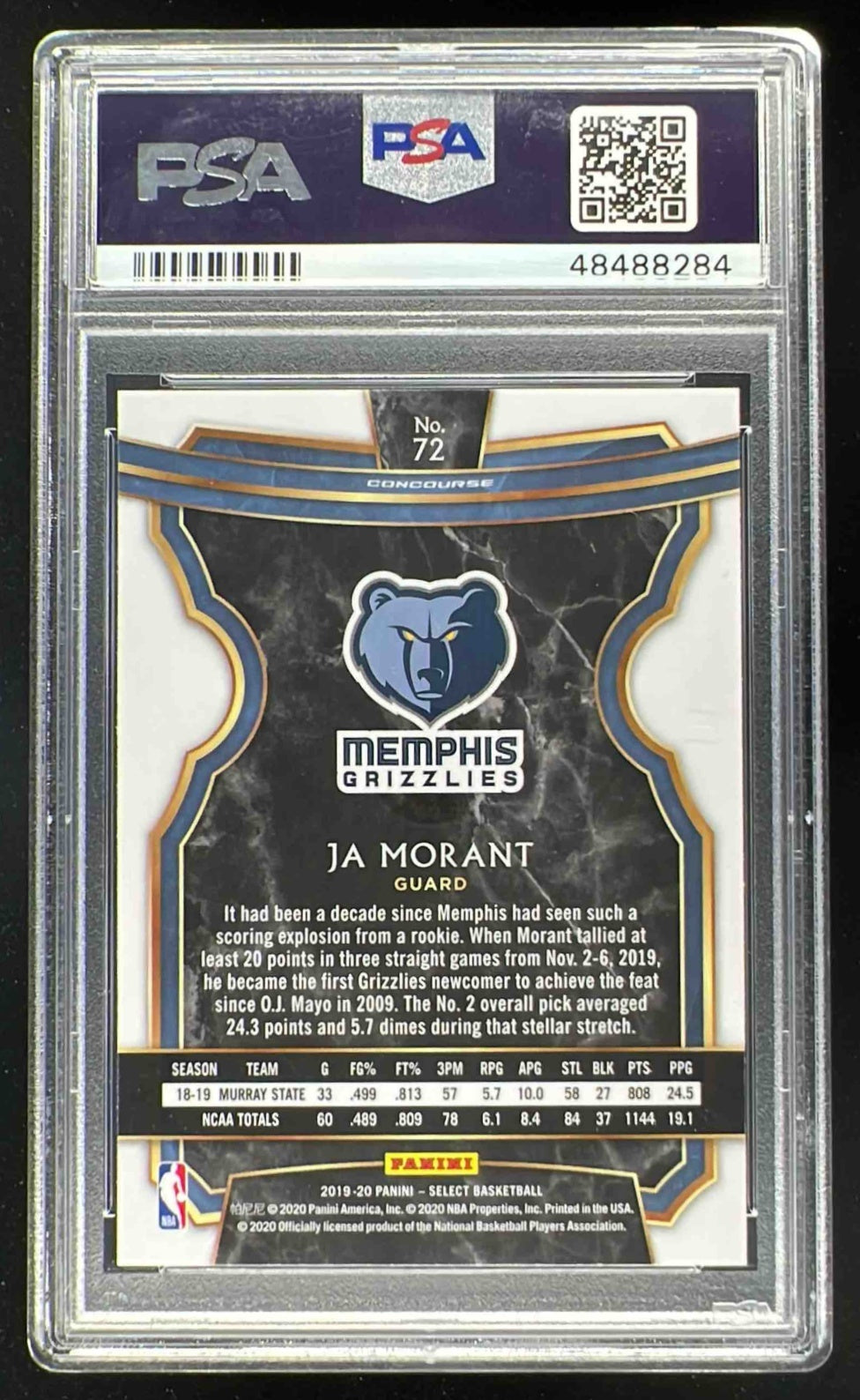 2019-20 Panini Select #72 Ja Morant RC Concourse PSA 10 – Burbank