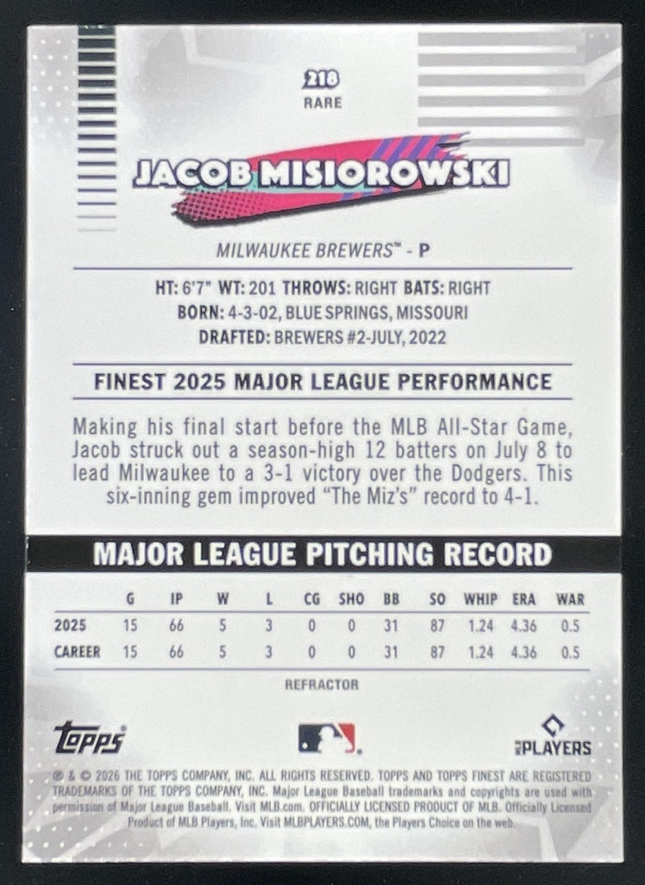 2026 Topps Finest Rare #218 Jacob Misiorowski RC – Burbank Cards