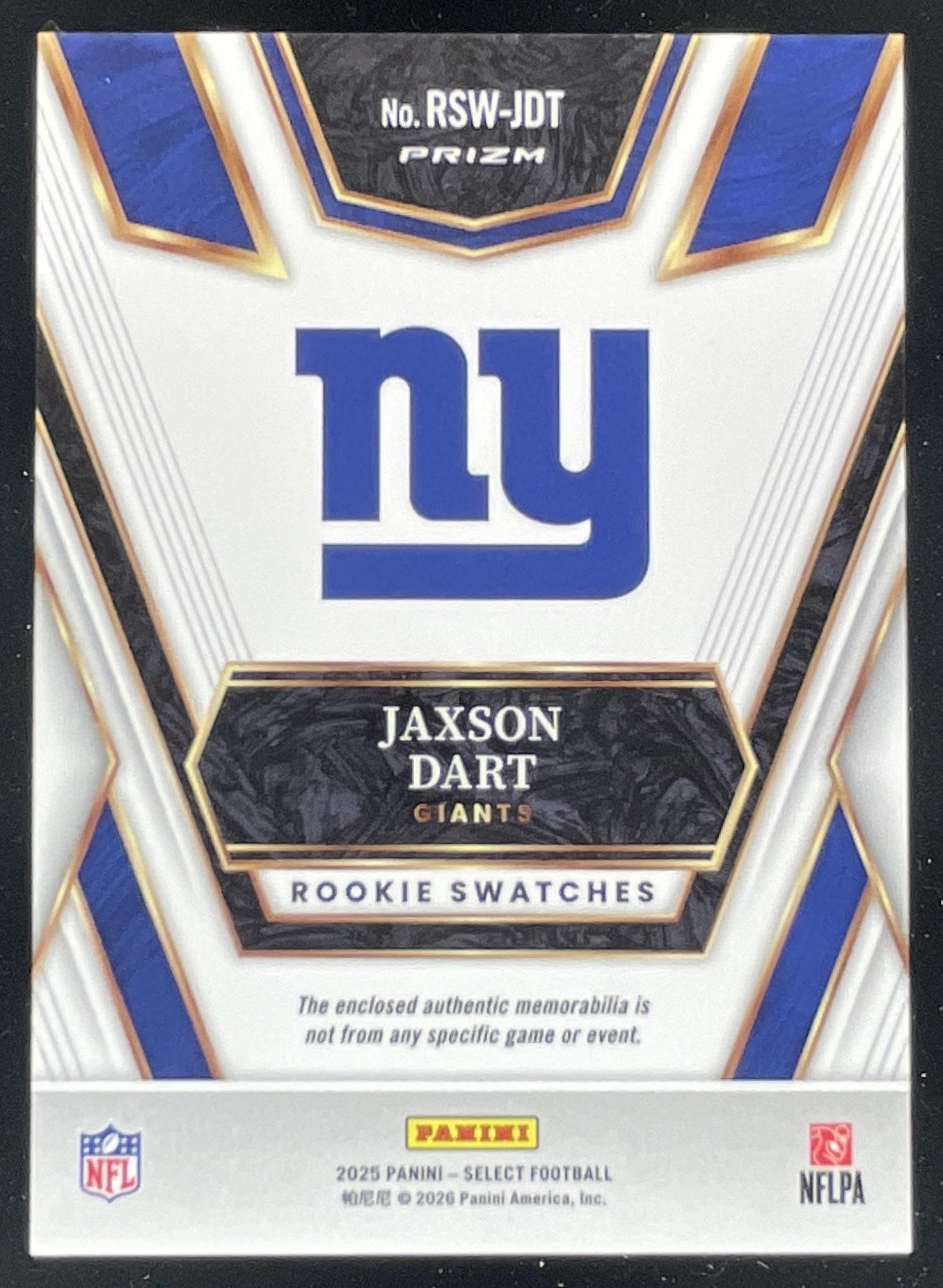 2025 Panini Select Rookie Swatches Blue Prizm #RSW-JDT Jaxson Dart