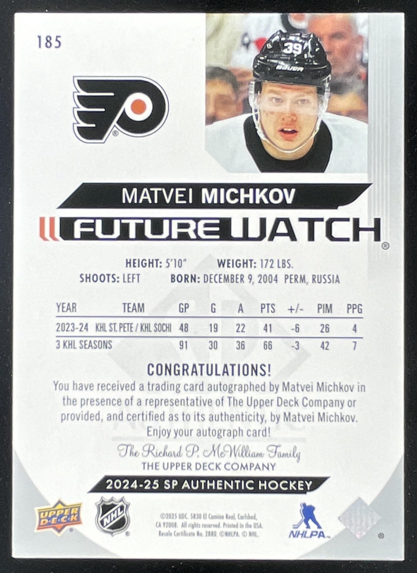 2024-25 Upper Deck SP Authentic #185 Matvei Michkov RC Future