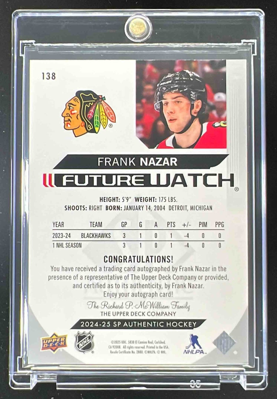 2024-25 Upper Deck SP Authentic #138 Frank Nazar Autograph RC Auto