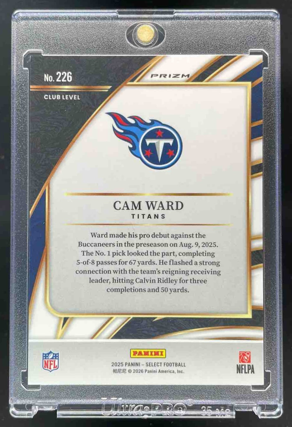 2025 Panini Select Club Level Zebra Shock Prizm #226 Cam Ward RC