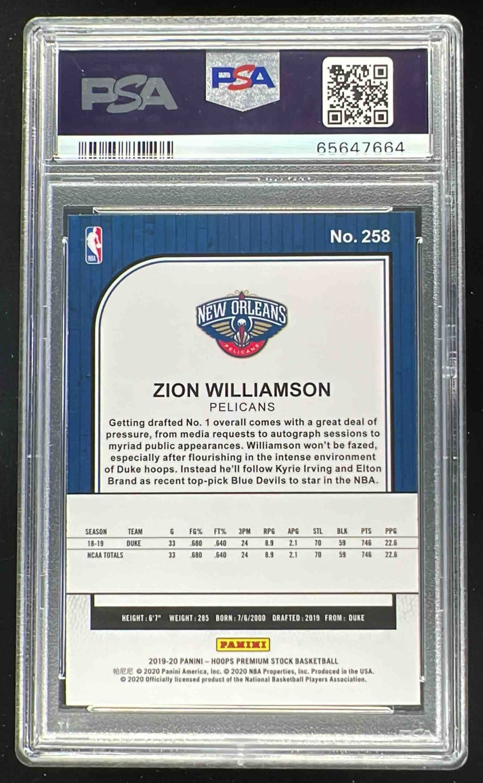 2019-20 Panini Hoops Premium Stock #258 Zion Williamson RC PSA 10