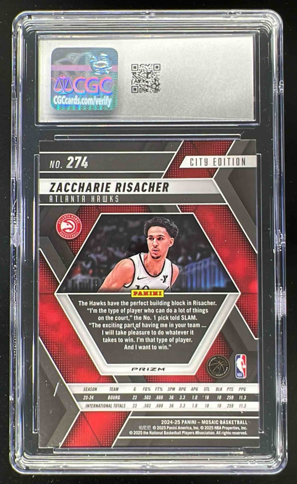 2024-25 Panini Mosaic White Sparkle SP #274 Zaccharie Risacher CGC