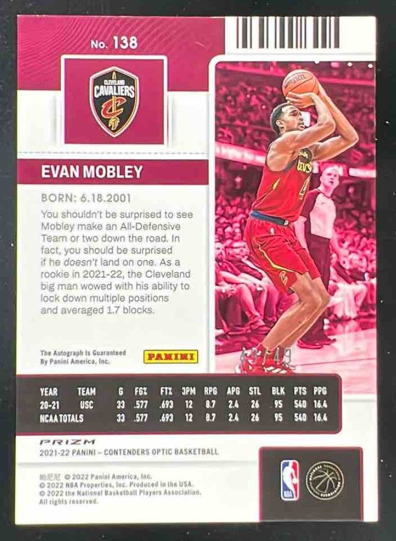 2021-22 Panini Contenders Optic Blue #138 Evan Mobley RC Auto /49