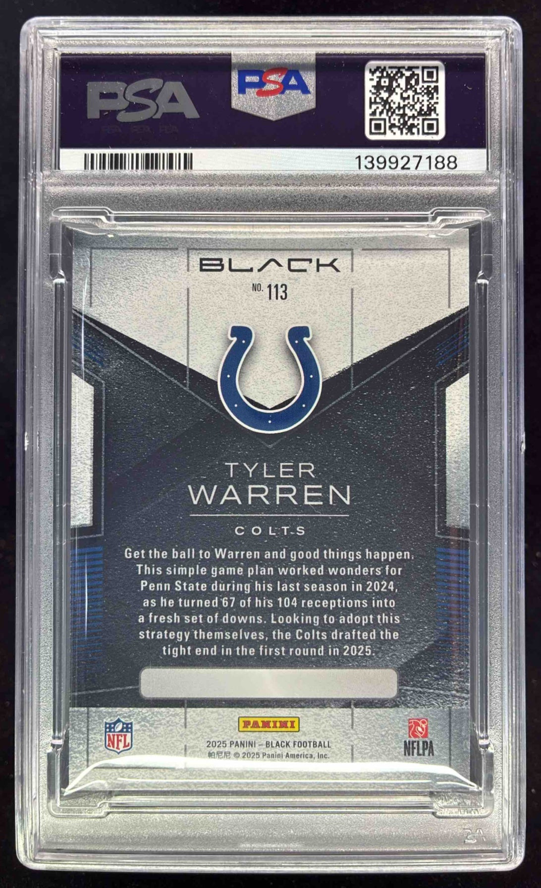 2025 Panini Black Rookies Sapphire #113 Tyler Warren RC /50 PSA 8