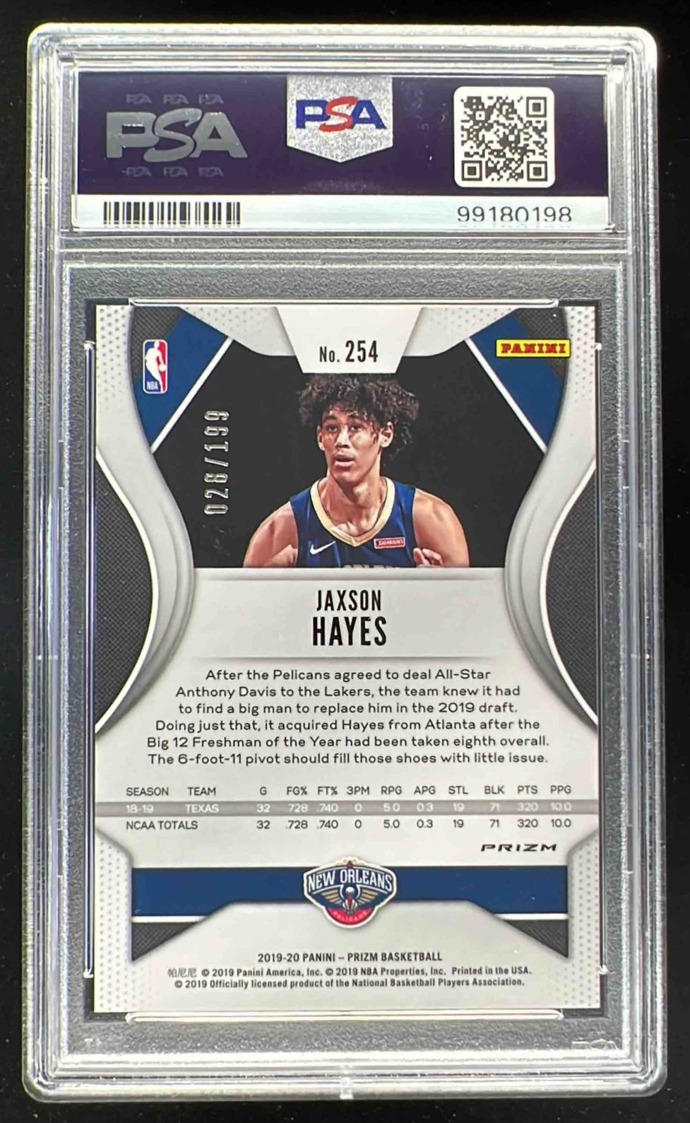 2019-20 Panini Prizm Prizms Blue #254 Jaxson Hayes RC /199 PSA 10