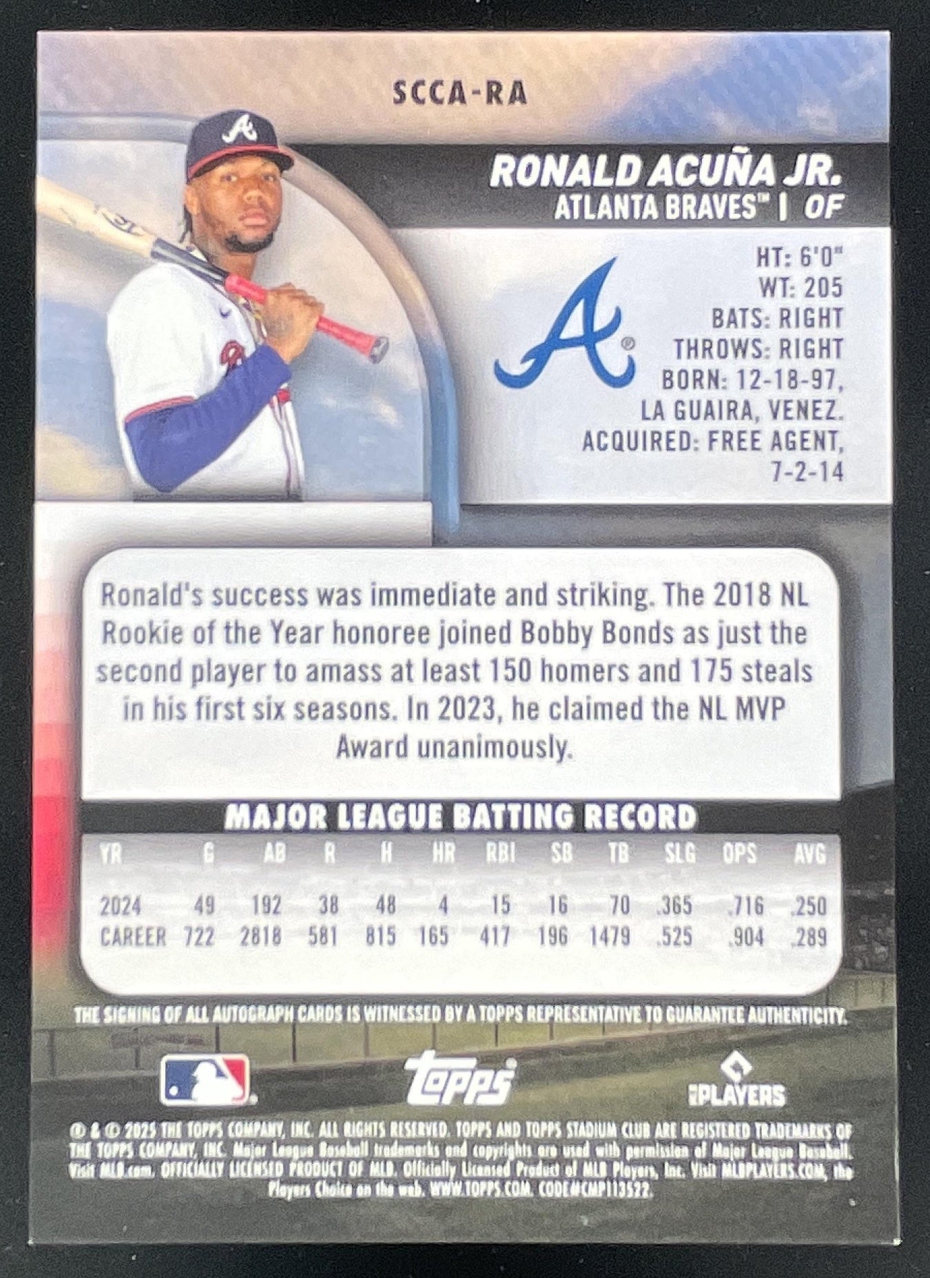 2025 Topps Stadium Club Chrome Autograph #SCCA-RA Ronald Acuna Jr
