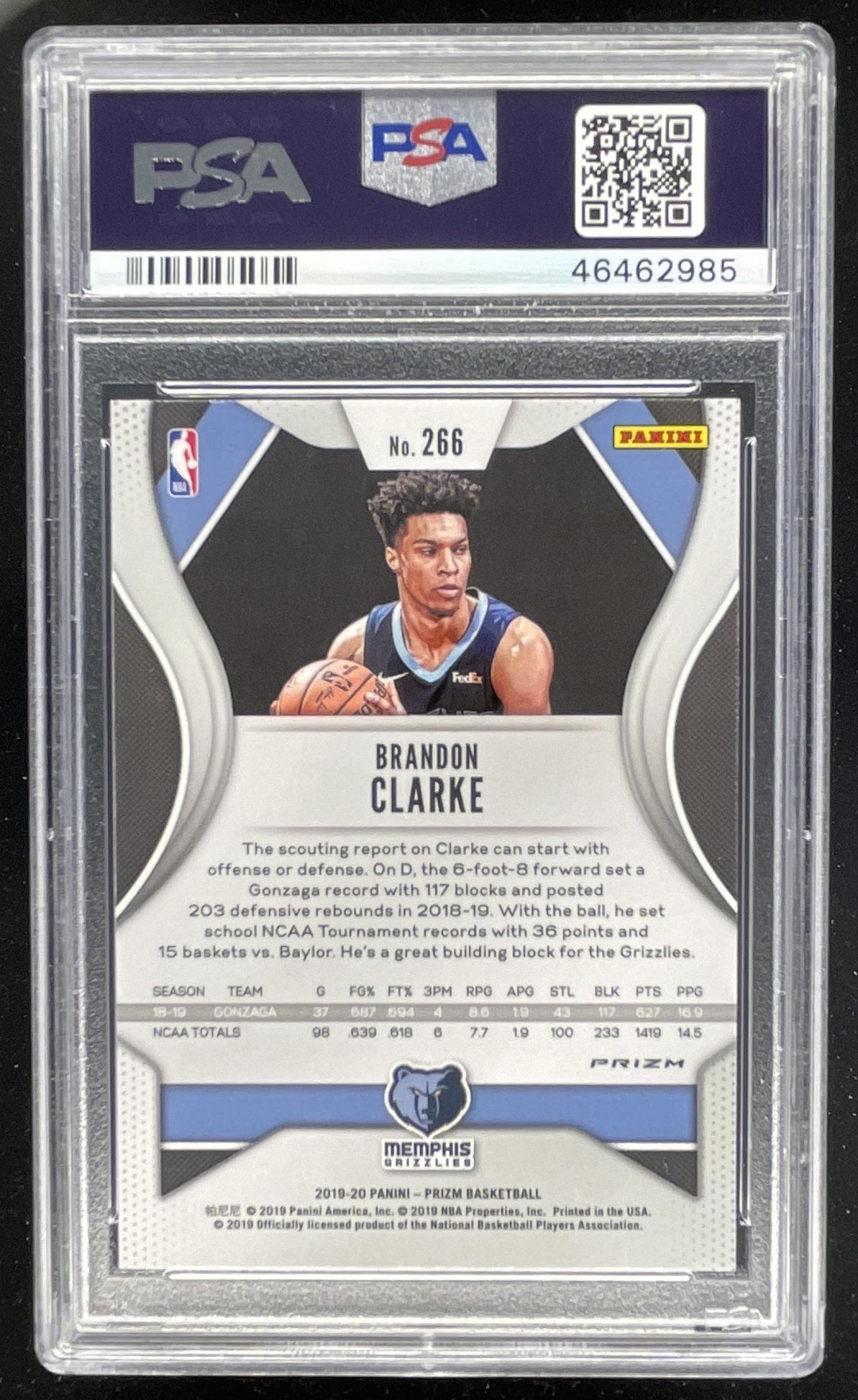 2019-20 Panini Prizm Prizms Silver #266 Brandon Clarke RC PSA 10