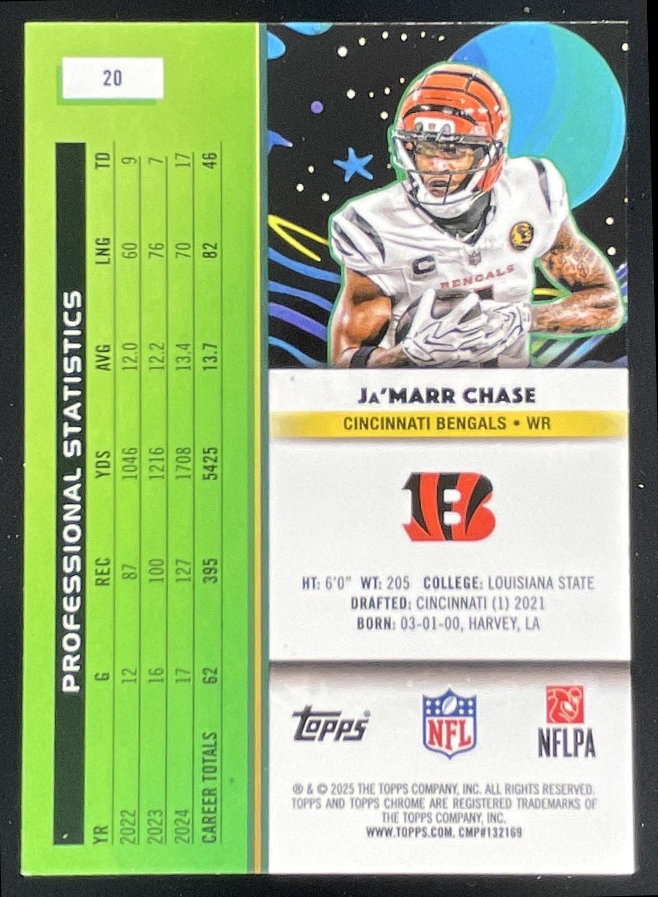 有田　翔山　レア色絵 2025 Topps Cosmic Chrome White Hole Refractor #20 Ja'Marr Chase