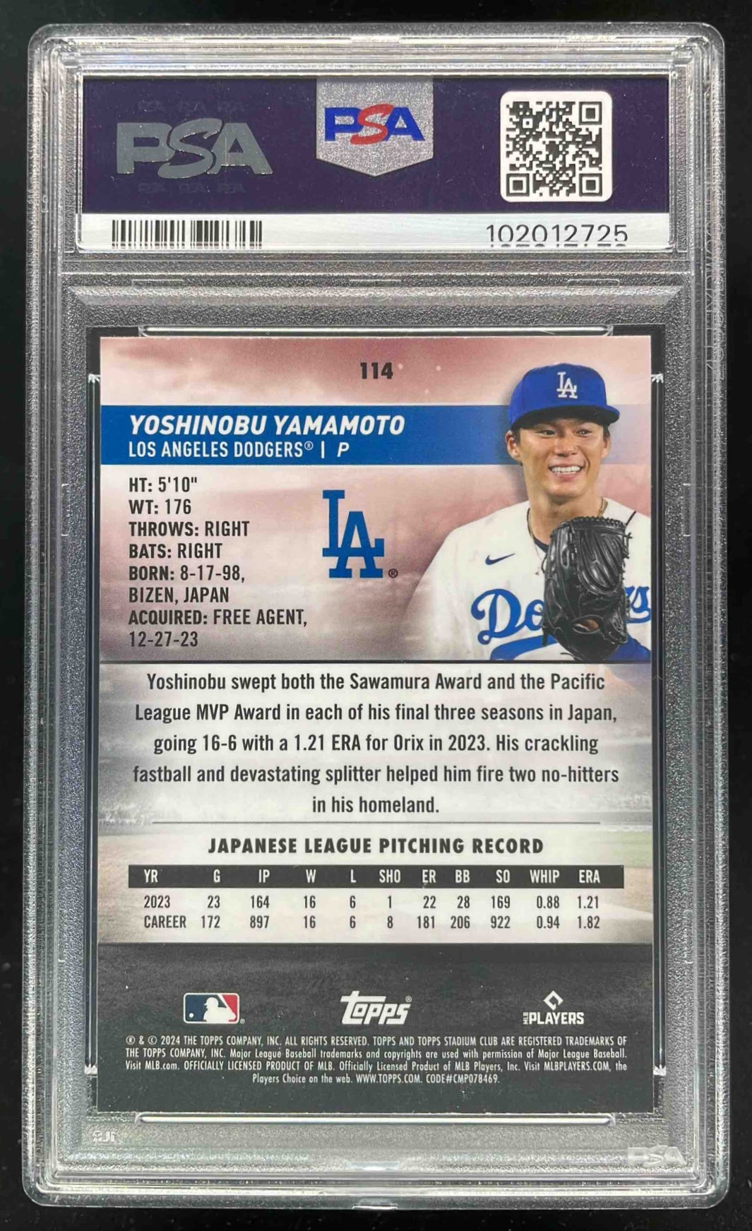 2024 Topps Stadium Club Chrome #114 Yoshinobu Yamamoto RC PSA 10