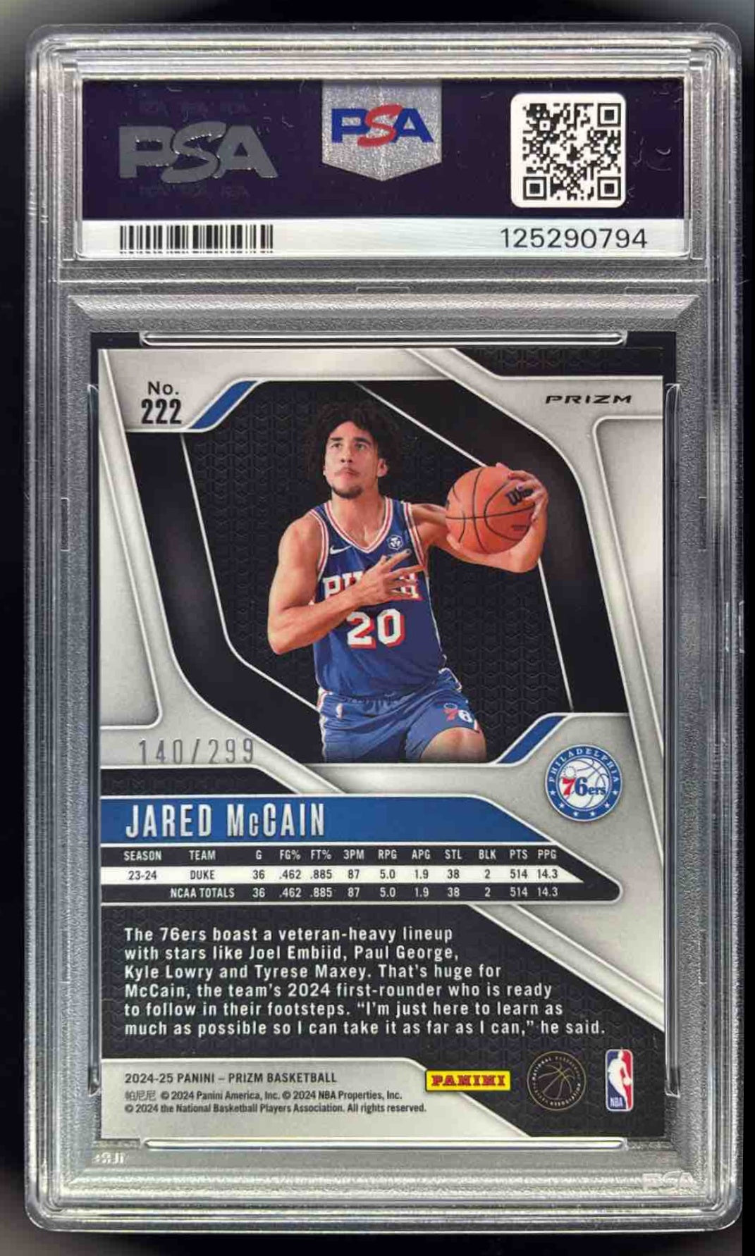 2024-25 Panini Prizm Red Prizm #222 Jared McCain RC /299 PSA