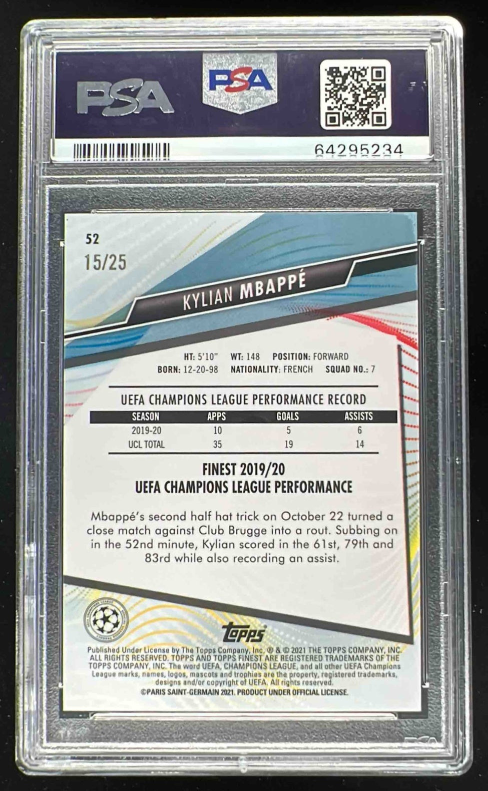 2020 Finest UCL Orange Refractor #52 Kylian Mbappe /25 PSA 10