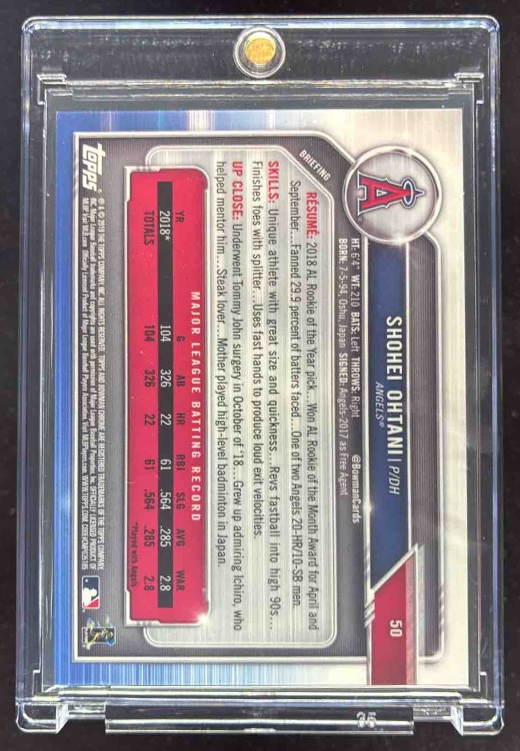 2019 Bowman Chrome Blue Refractor #50 Shohei Ohtani /150 – Burbank
