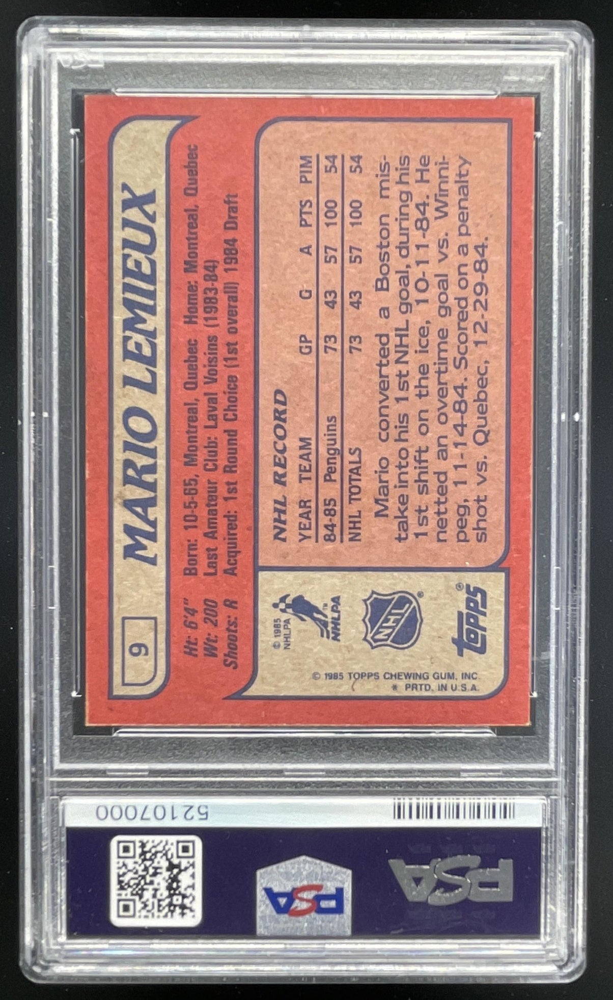 1985-86 Topps #9 Mario Lemieux RC PSA 9 – Burbank Cards
