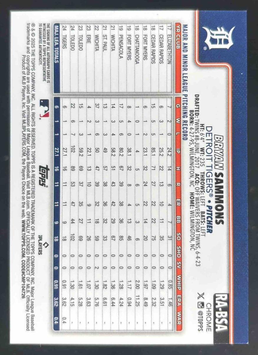 2025 Topps Chrome Rookie Autographs Gold Refractor Bryan Sammons