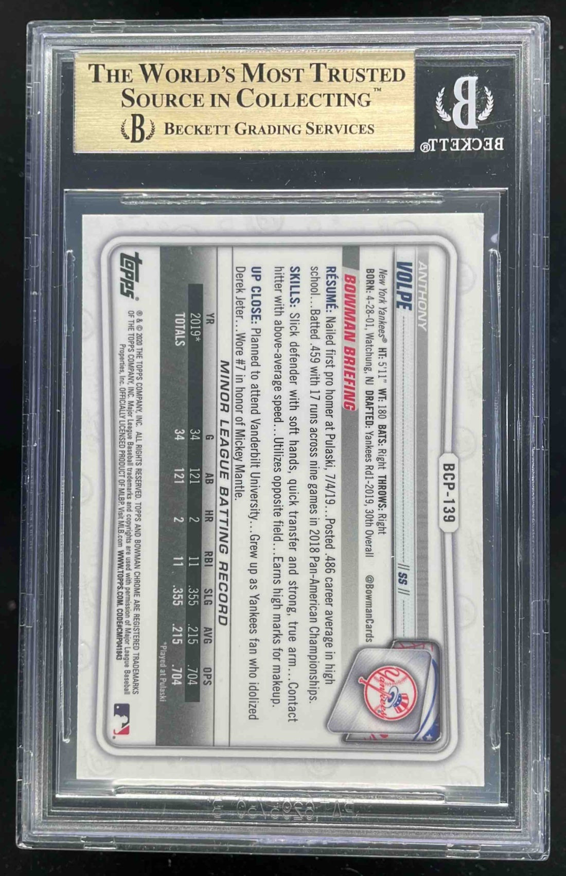 2020 Bowman Sapphire Chrome #BCP-139 Anthony Volpe BGS 9.5