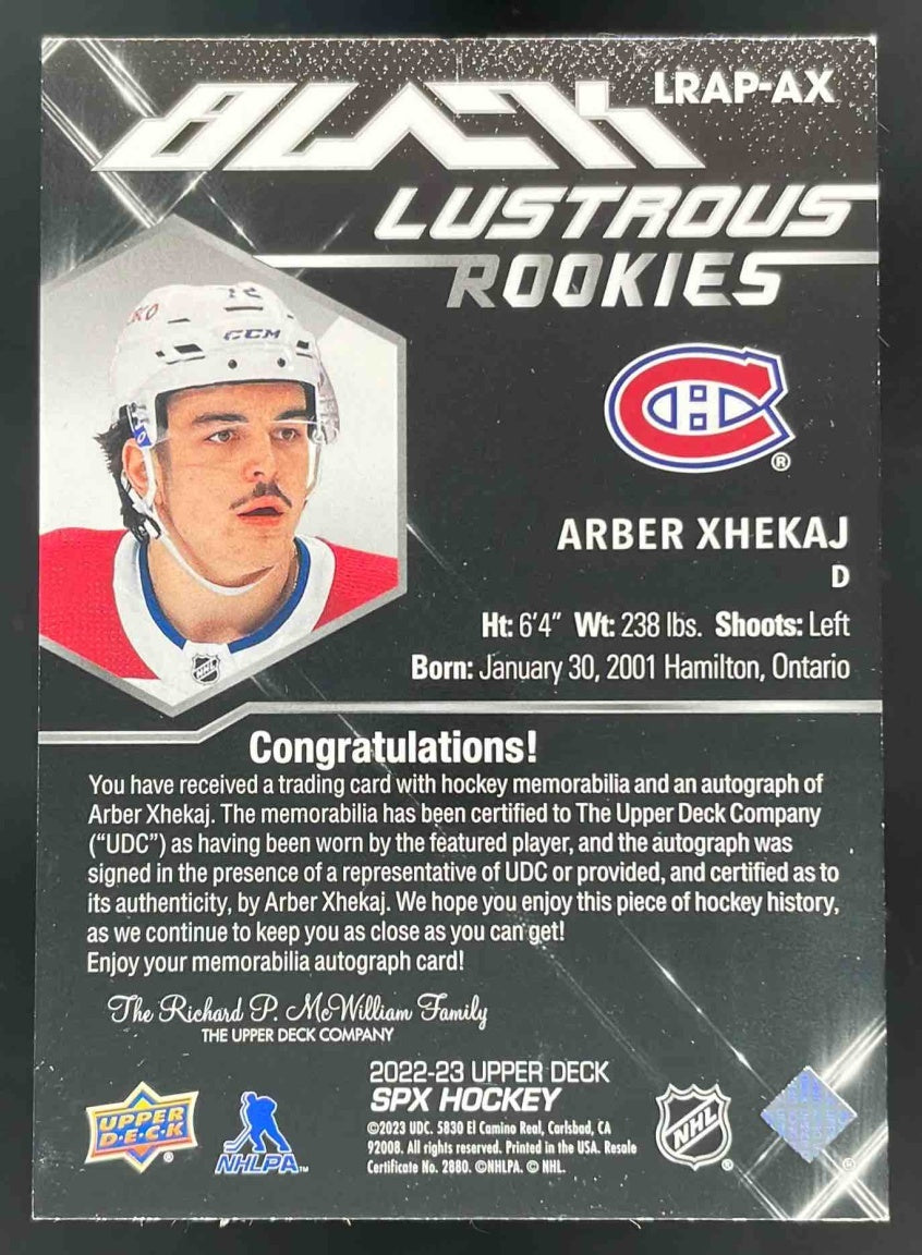 2022 SPx UD Black Lustrous Rookie Patch Auto #LRAP-AX Arber Xhekaj