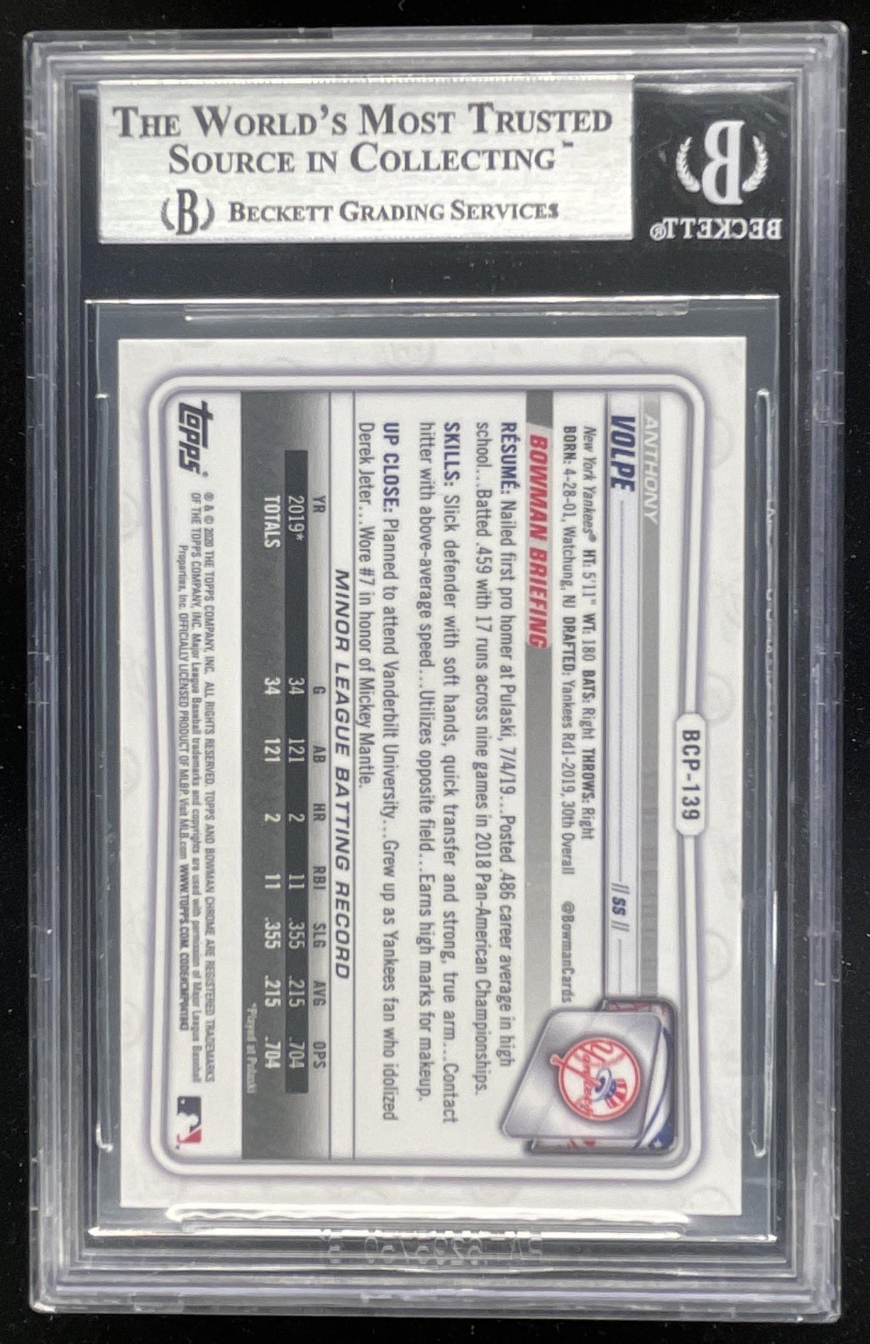 2020 Bowman Sapphire Chrome #BCP-139 Anthony Volpe BGS 8.5