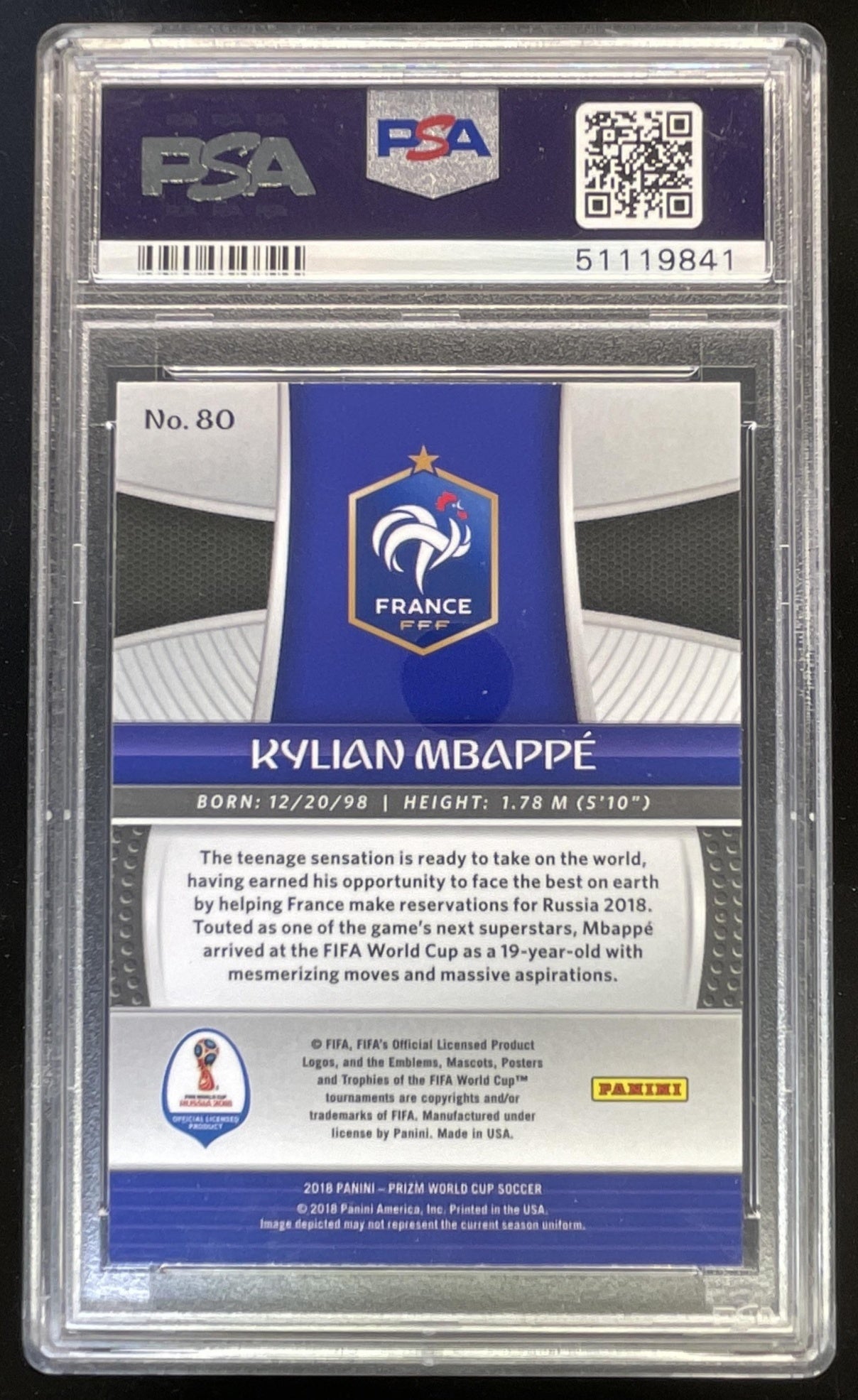2018 Panini Prizm World Cup #80 Kylian Mbappe RC PSA 9 – Burbank Cards