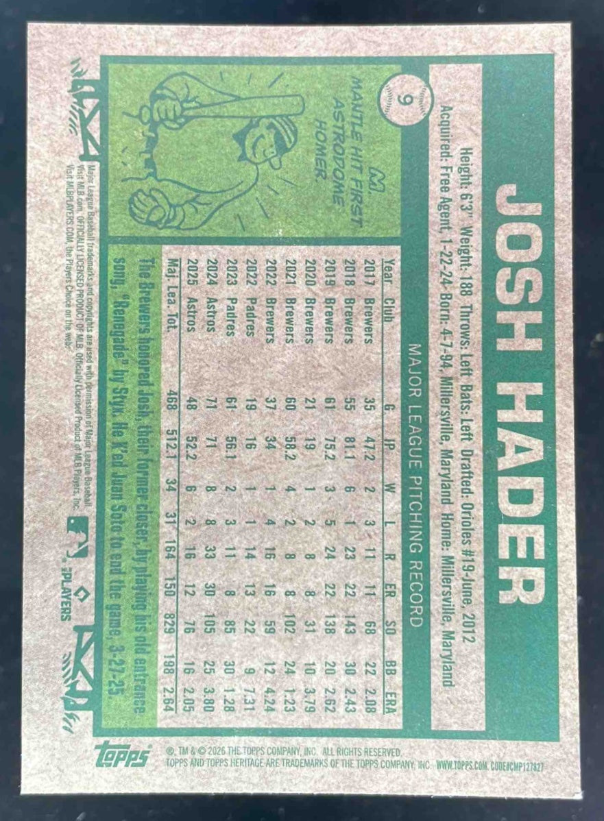 2026 Topps Heritage Chrome Black Refractor #9 Josh Hader /77