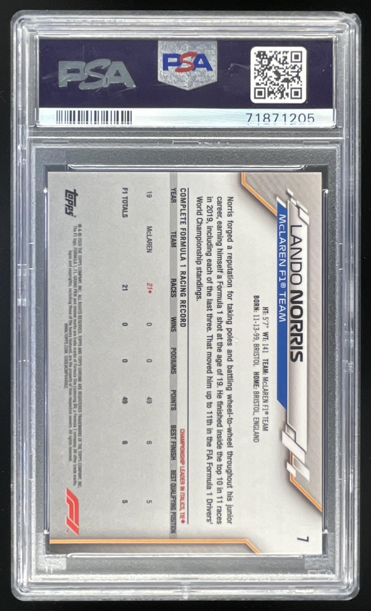 2020 Topps Chrome Formula 1 #7 Lando Norris RC SP PSA 10 – Burbank