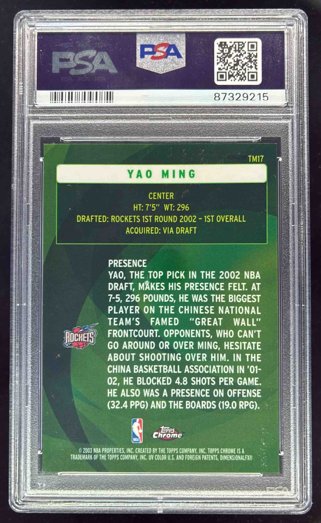 2002-03 Topps Chrome The Move Refractor #TM17 Yao Ming RC PSA 10