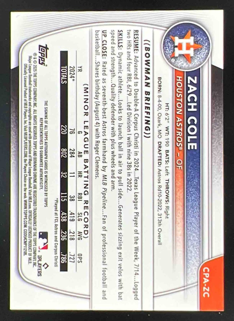 2025 Bowman Chrome Autograph HTA Choice Refractor #CPA-ZC Zach