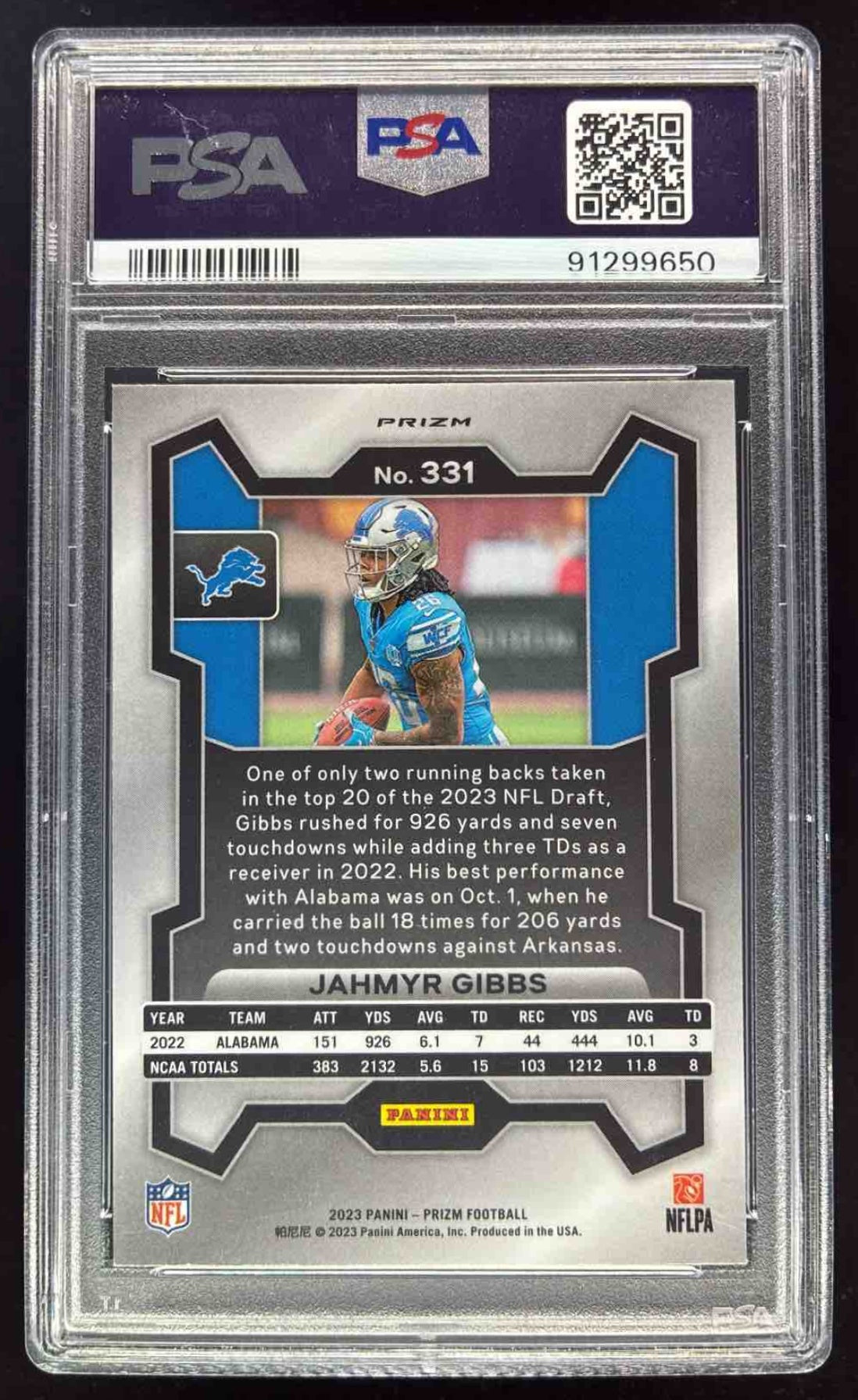 2023 Panini Prizm Neon Green Pulsar Prizm #331 Jahmyr Gibbs RC PSA