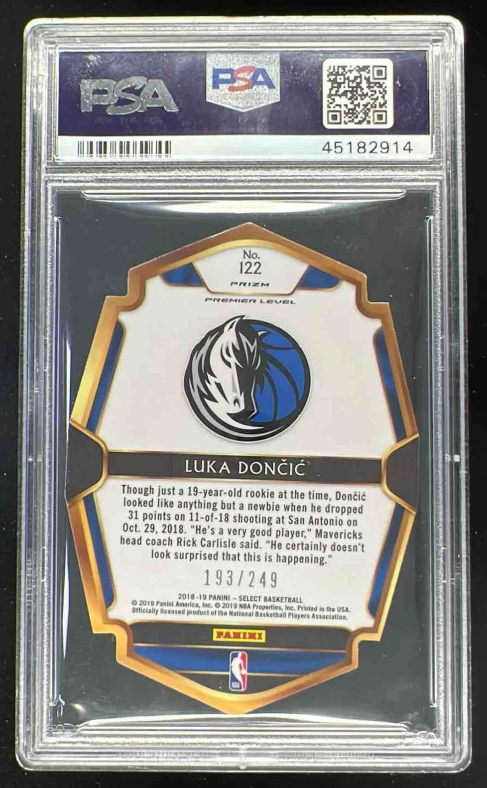 2018 Panini Select Blue Prizms Die Cut #122 Luka Doncic RC Premier