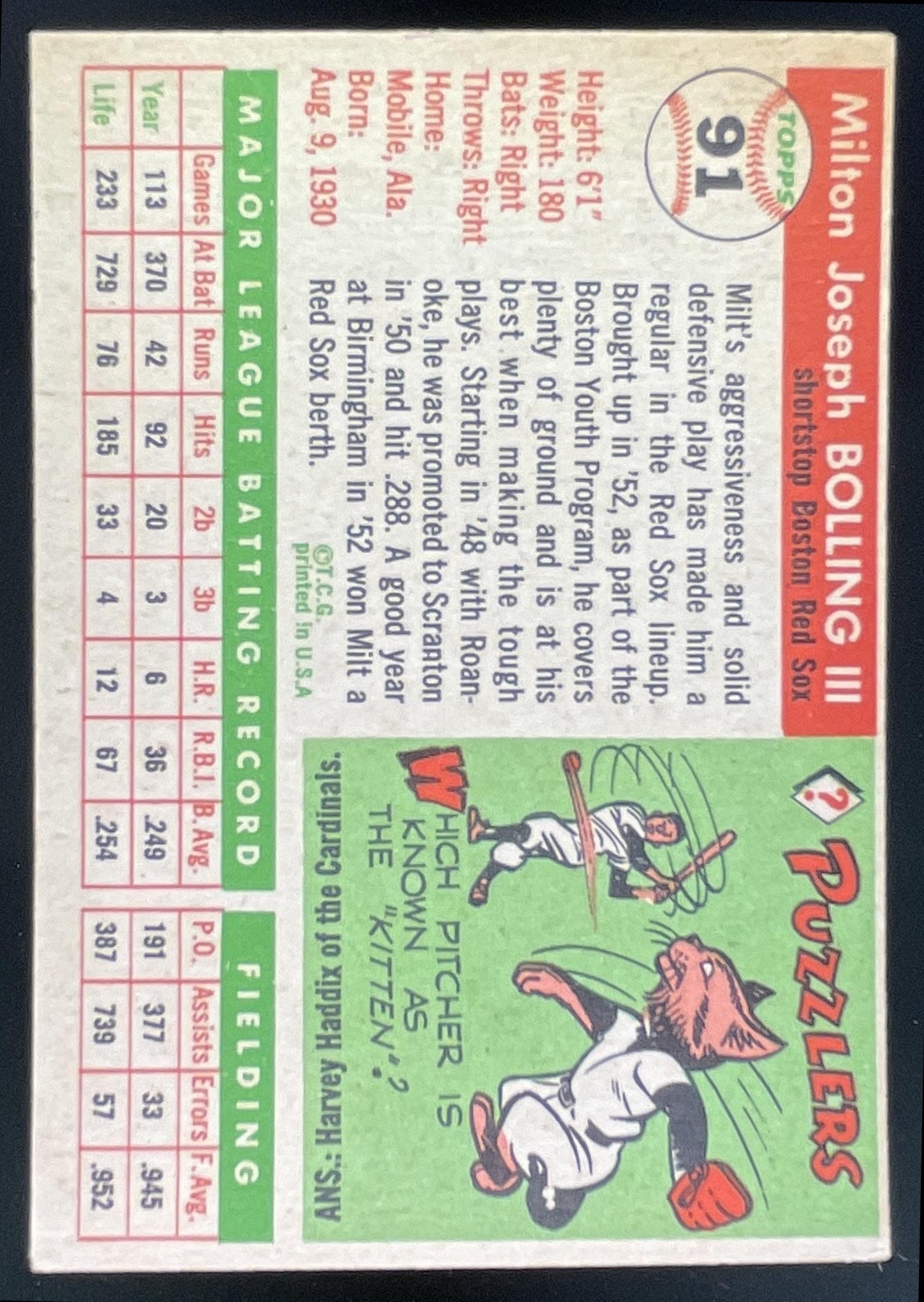 1955 Topps #91 Milt Bolling – Burbank Cards