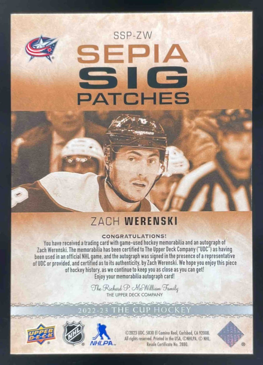 2022-23 The Cup Sepia Signature Patches #SSP-ZW Zach Werenski RC