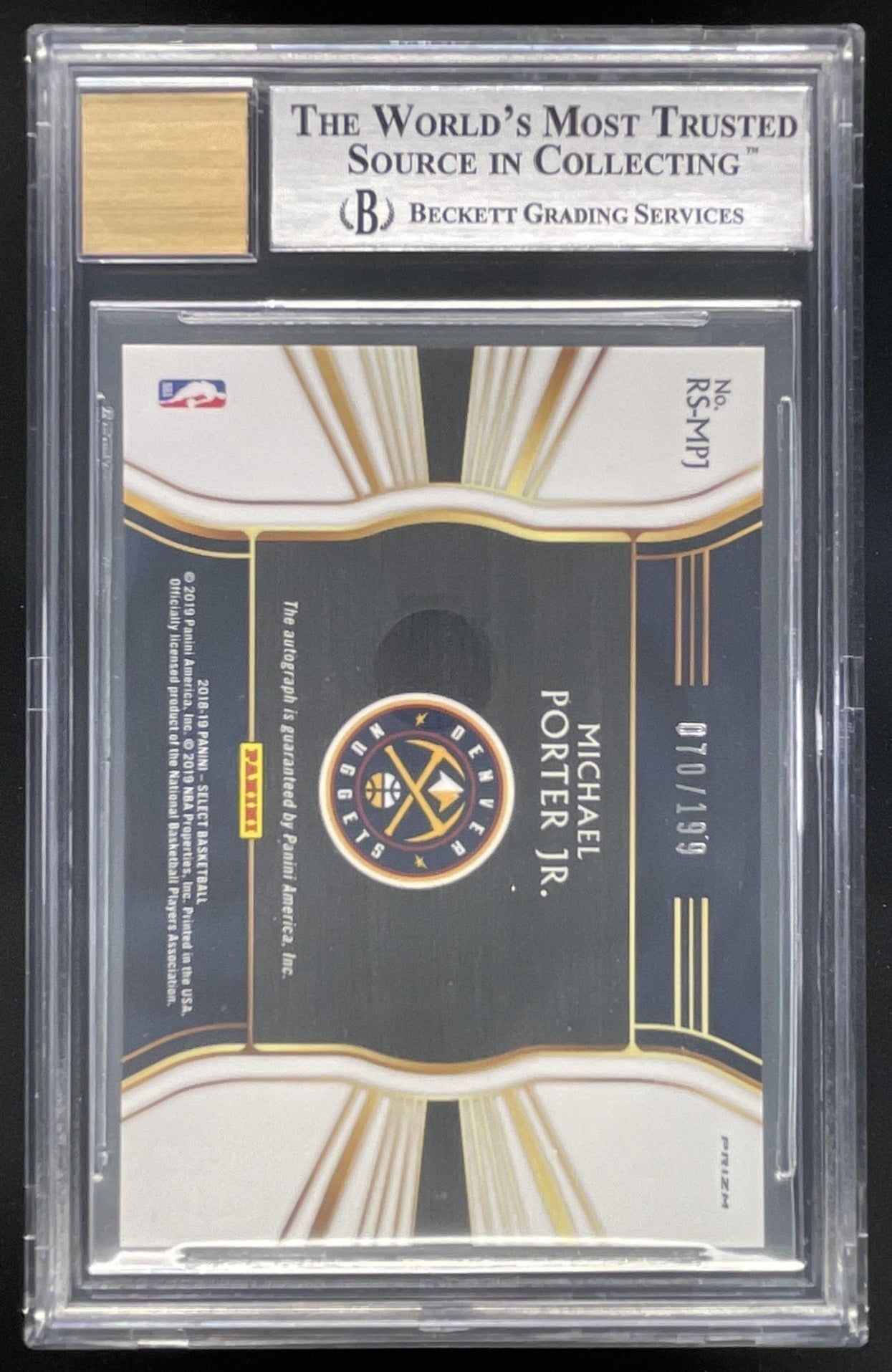 2018-19 Select Rookie #RS-MPJ Michael Porter Jr. RC Auto /199 BGS